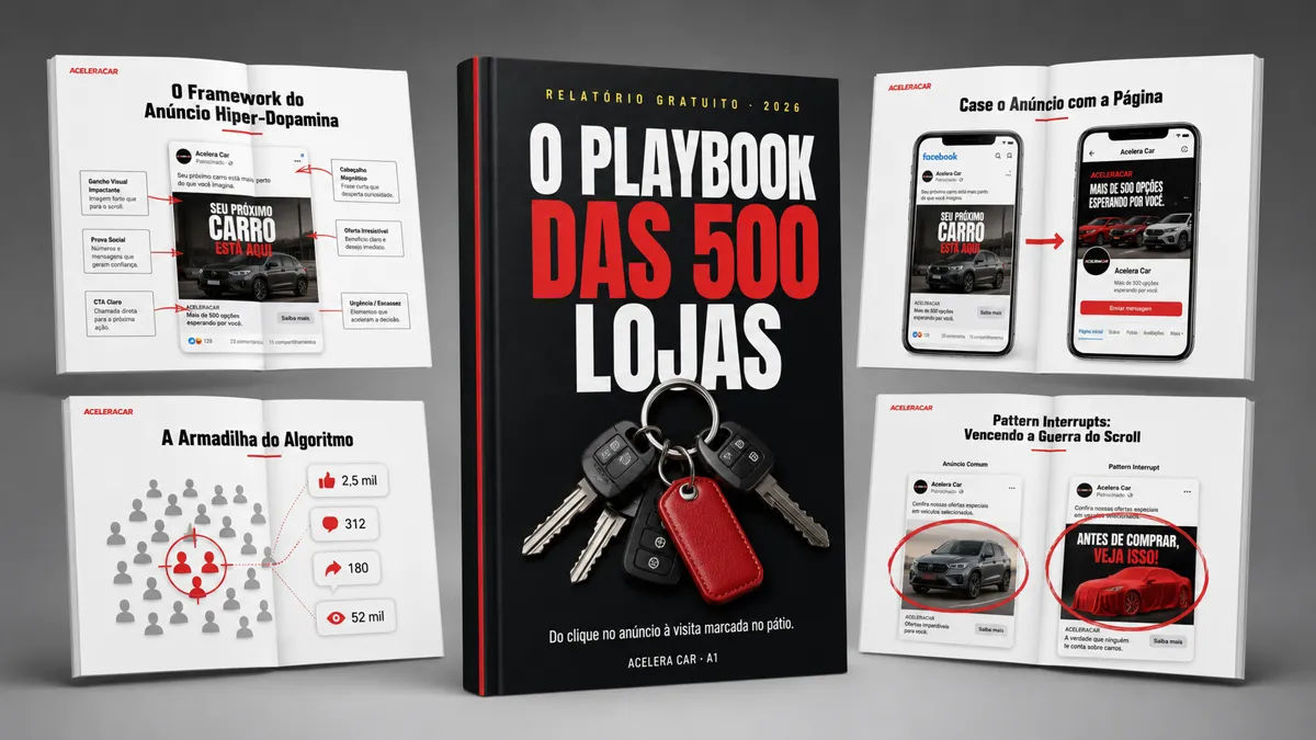 Mockup do relatório O Playbook das 500 Lojas: livro de capa preta com chaves de carro e páginas internas do método